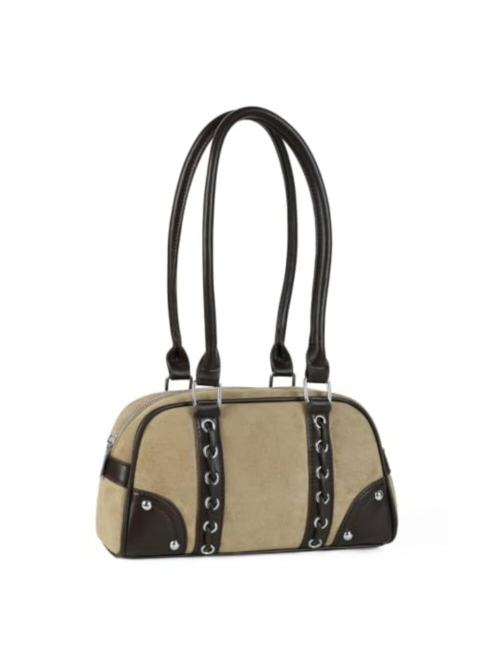 Faux Suede Bowling Shoulder Bag Retro Lace Up Handbag Purse